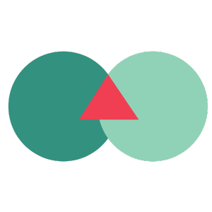 Two overlapping circles with a red triangle pointing into their intersection