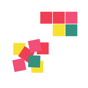 Two clusters of colored squares: one neat and orderly, the other overlapping and scattered