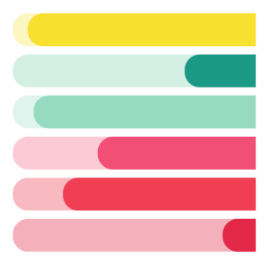 Stack of horizontal color bars in yellow, green, teal, pink, red, and dark red