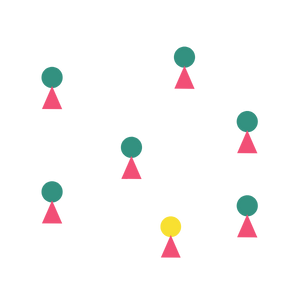 Pattern of identical green circles atop red triangles, with one yellow circle among them